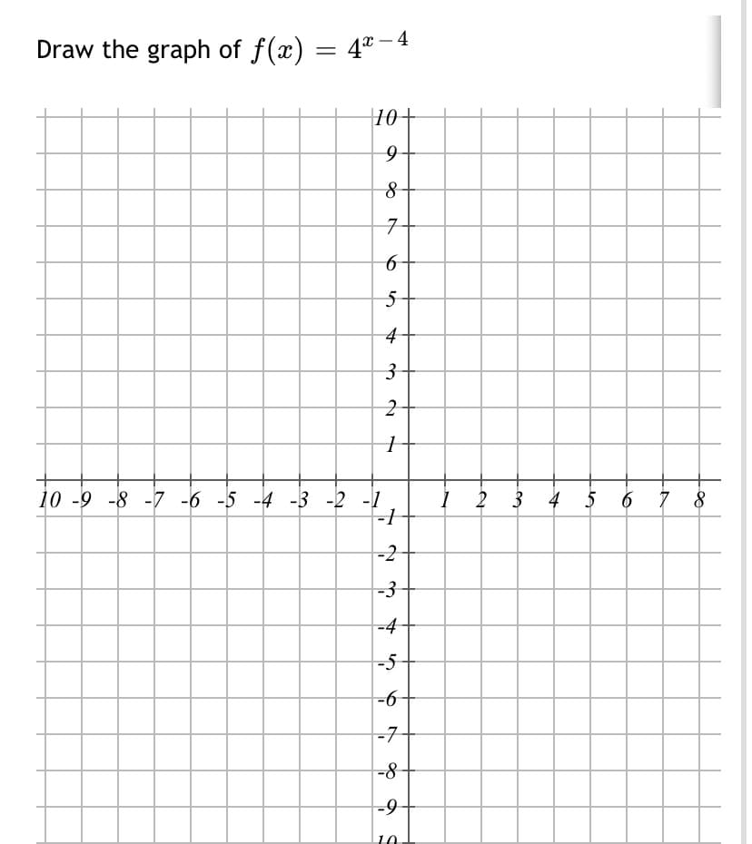 Draw the graph of f(x) = 4"-4
10+
7-
4-
10 -9 -8 -7 -6 -5 -4 -3 -2 -1
I 2 3 4 5 6 7 8
-2
-3
-4
-5-
-6-
-7-
-8-
-9-
