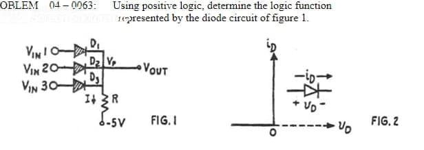 OBLEM 04-0063: Using positive logic, determine the logic function
1eresented by the diode circuit of figure 1.
VINIO
DV
VIn 20
VOUT
VIN 30
I+ 3R
S.sv
6-5V
FIG. I
FIG. 2
