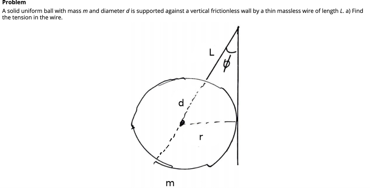Problem
A solid uniform ball with mass m and diameter d is supported against a vertical frictionless wall by a thin massless wire of length L. a) Find
the tension in the wire.
L
d
r
m
