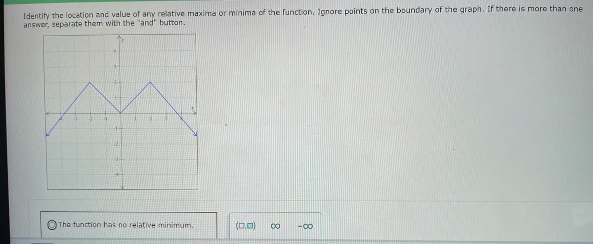 Identify the location and value of any relative maxima or minima of the function. Ignore points on the boundary of the graph. If there is more than one
answer, separate them with the "and" button.
The function has no relative minimum.
(0,0) 8
-∞