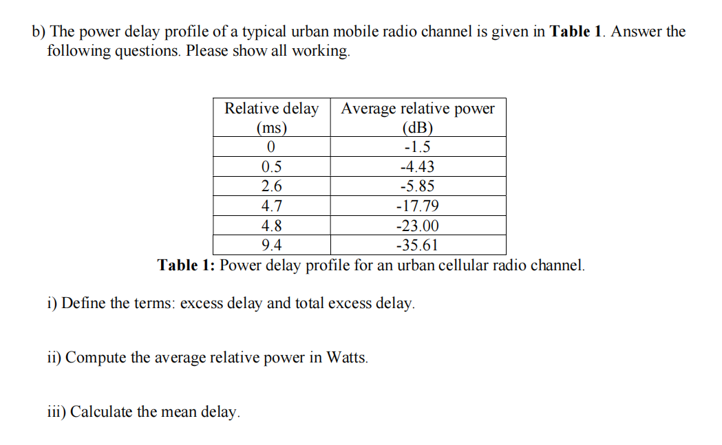 b) The power delay profile of a typical urban mobile radio channel is given in Table 1. Answer the
following questions. Please show all working.
Relative delay Average relative power
(dB)
-1.5
-4.43
-5.85
-17.79
-23.00
-35.61
Table 1: Power delay profile for an urban cellular radio channel.
(ms)
0
0.5
2.6
4.7
iii) Calculate the mean delay.
4.8
9.4
i) Define the terms: excess delay and total excess delay.
ii) Compute the average relative power in Watts.