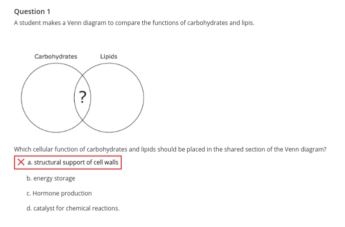 Question 1
A student makes a Venn diagram to compare the functions of carbohydrates and lipis.
Carbohydrates
?
Lipids
Which cellular function of carbohydrates and lipids should be placed in the shared section of the Venn diagram?
X a. structural support of cell walls
b. energy storage
c. Hormone production
d. catalyst for chemical reactions.
