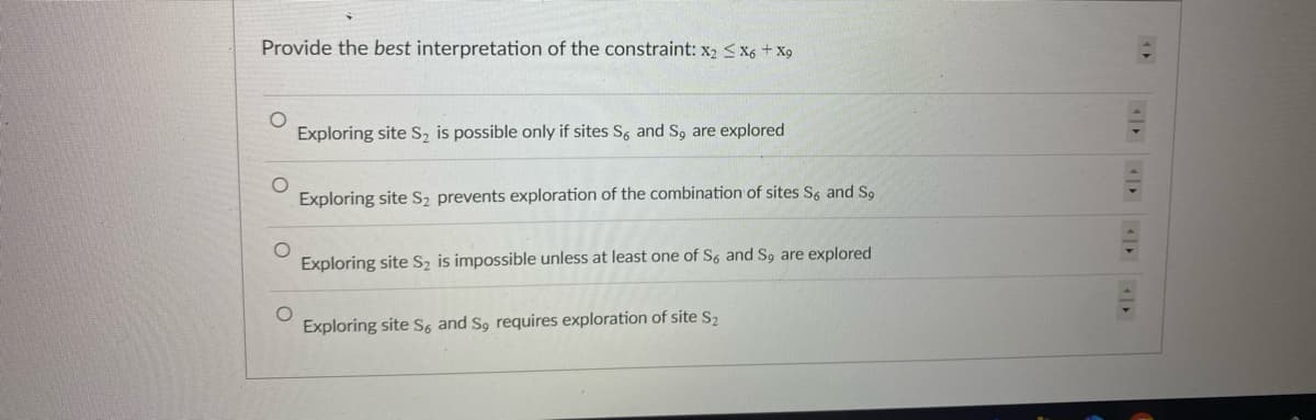 Provide the best interpretation of the constraint: x₂ ≤X6 + X9
O
O
Exploring site S₂ is possible only if sites S, and S, are explored
Exploring site S₂ prevents exploration of the combination of sites S6 and S9
Exploring site S₂2 is impossible unless at least one of S6 and S, are explored
Exploring site S, and S, requires exploration of site S₂
#
<>