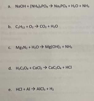 a. NaOH + (NHa),PO4 > Na,PO4 + H20 + NH3
b. CSH12 + O2 > Co, + H20
c. MgaN2 + H20 → Mg(OH)2 + NH,
d. H2C204 + CaClz > Cac0a + HCI
e. HCI + Al → AICI3 + H2
