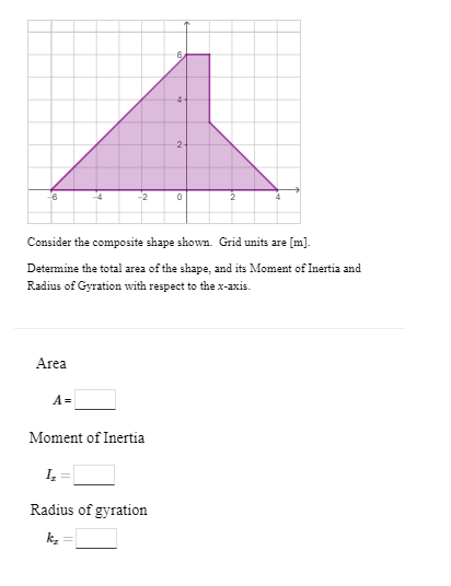 Area
-2
A =
Moment of Inertia
6
Consider the composite shape shown. Grid units are [m].
Determine the total area of the shape, and its Moment of Inertia and
Radius of Gyration with respect to the x-axis.
I₂
Radius of gyration
k₂
4-
2-
0