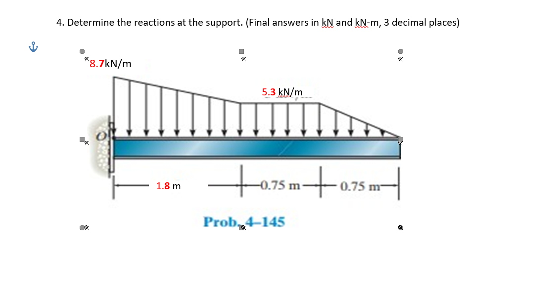 4. Determine the reactions at the support. (Final answers in kN and kN-m, 3 decimal places)
*8.7kN/m
0x
1.8 m
5.3 kN/m
+0.75 m+0
Prob 4-145
smy
0.75 m
@