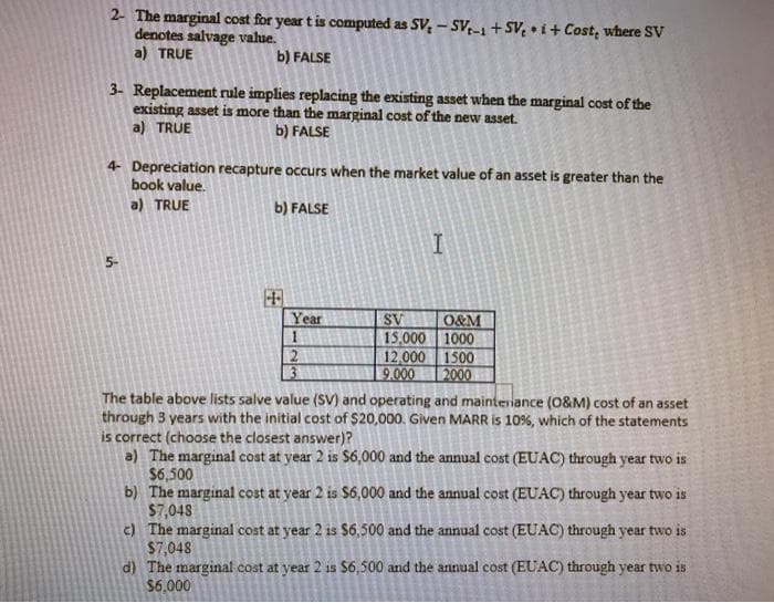 2- The marginal cost for year t is computed as SV, - SV-1+SV¢ • i+ Cost, where SV
denotes salvage value.
a) TRUE
b) FALSE
3- Replacement rule implies replacing the existing asset when the marginal cost of the
existing asset is more than the marginal cost of the new asset.
a) TRUE
b) FALSE
4- Depreciation recapture occurs when the market value of an asset is greater than the
book value.
a) TRUE
b) FALSE
5-
Year
1
SV
O&M
15,000 1000
12,000 1500
9.000
2
3
2000
The table above lists salve value (SV) and operating and mainteriance (O&M) cost of an asset
through 3 years with the initial cost of $20,000. Given MARR is 10%, which of the statements
is correct (choose the closest answer)?
a) The marginal cost at year 2 is $6,000 and the annual cost (EUAC) through year two is
$6,500
b) The marginal cost at year 2 is $6,000 and the annual cost (EUAC) through year two is
$7,048
c) The marginal cost at year 2 is $6,500 and the annual cost (EUAC) through year two is
$7,048
d) The marginal cost at year 2 is S6,500 and the annual cost (EUAC) through year two is
$6.000
