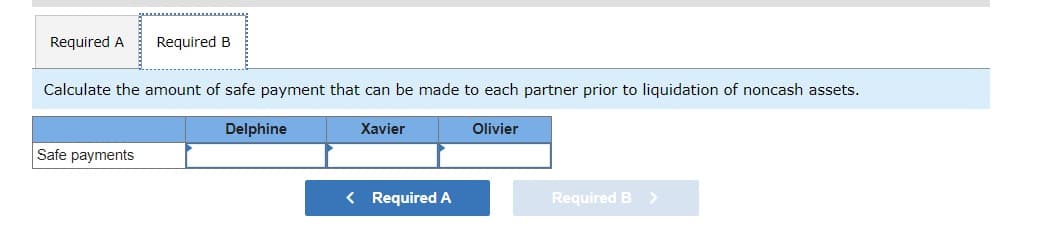 Required A Required B
Calculate the amount of safe payment that can be made to each partner prior to liquidation of noncash assets.
Delphine
Olivier
Safe payments
Xavier
< Required A
Required B >