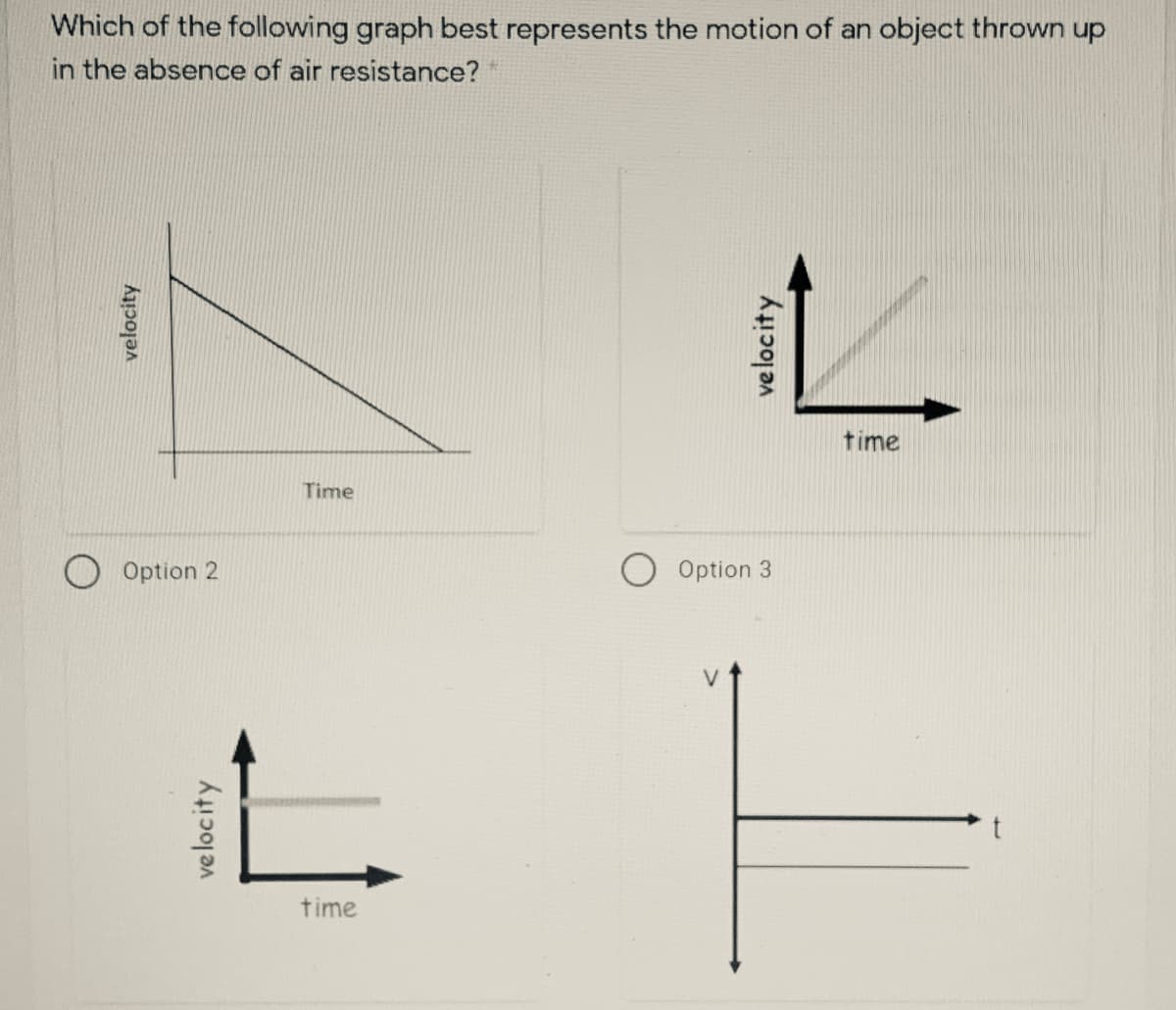 Which of the following graph best represents the motion of an object thrown up
in the absence of air resistance?
time
Time
Option 2
Option 3
time
velocity
ve locity
velocity
