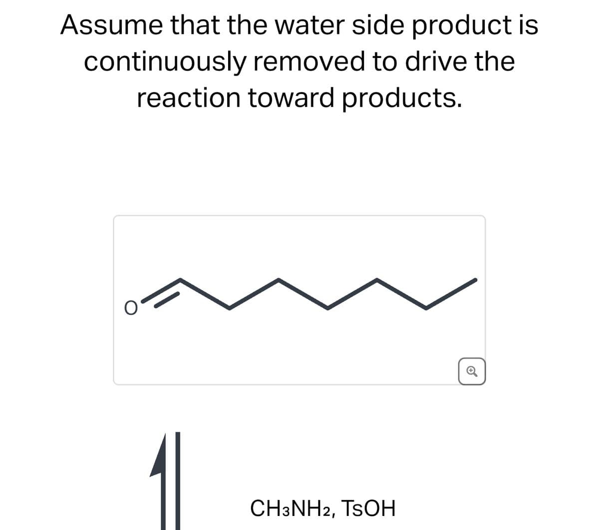 Assume that the water side product is
continuously removed to drive the
reaction toward products.
CH3NH2, TSOH
C