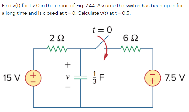 Find v(t) for t> O in the circuit of Fig. 7.44. Assume the switch has been open for
a long time and is closed at t = 0. Calculate v(t) at t = 0.5.
t = 0
2Ω
6Ω
15 V
V =
7.5 V
+ > I
