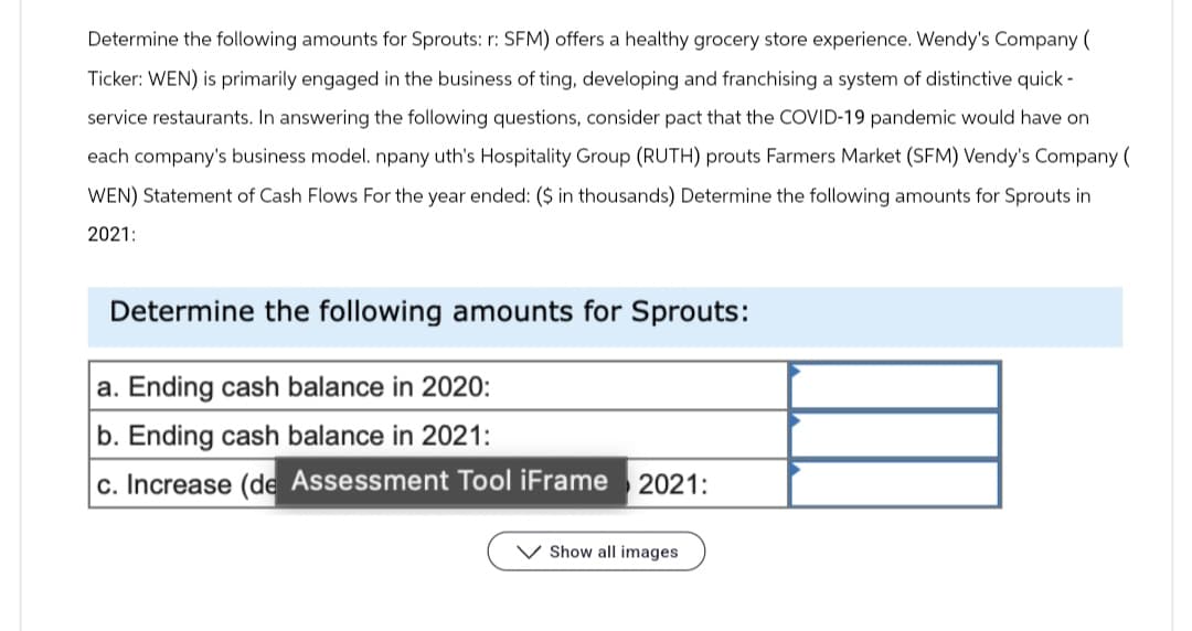Determine the following amounts for Sprouts: r: SFM) offers a healthy grocery store experience. Wendy's Company (
Ticker: WEN) is primarily engaged in the business of ting, developing and franchising a system of distinctive quick-
service restaurants. In answering the following questions, consider pact that the COVID-19 pandemic would have on
each company's business model. npany uth's Hospitality Group (RUTH) prouts Farmers Market (SFM) Vendy's Company (
WEN) Statement of Cash Flows For the year ended: ($ in thousands) Determine the following amounts for Sprouts in
2021:
Determine the following amounts for Sprouts:
a. Ending cash balance in 2020:
b. Ending cash balance in 2021:
c. Increase (de Assessment Tool iFrame 2021:
Show all images