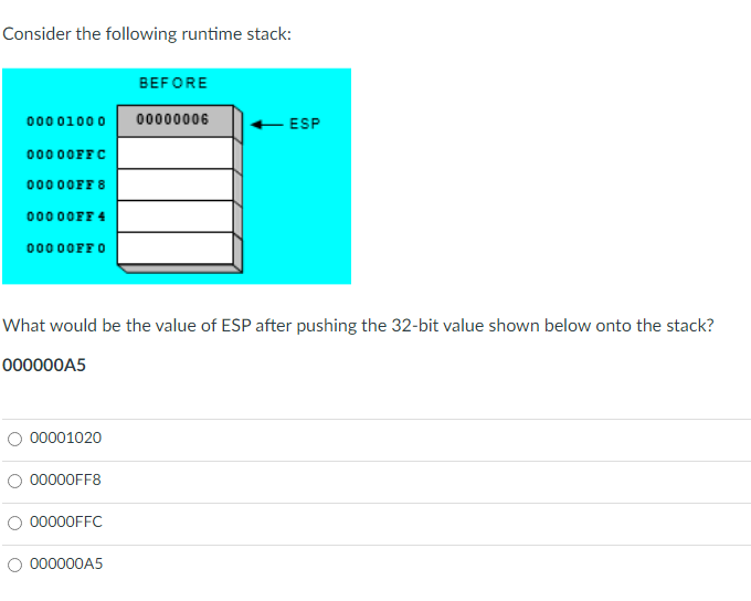 Consider the following runtime stack:
BEFORE
00001000
00000006
ESP
00000FFC
00000FF 8
00000FF 4
00000FF0
What would be the value of ESP after pushing the 32-bit value shown below onto the stack?
000000A5
O 00001020
O 00000FF8
O 00000FFC
O 000000A5
