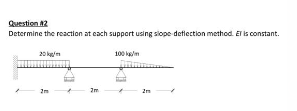 Question 42
Determine the reaction at each support using slope deflection method. El is constant.
20 kg/m
100 kg/m
2m
2m