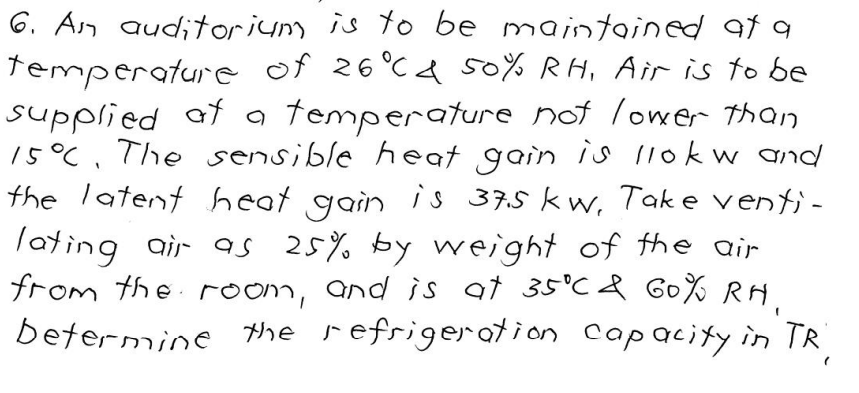 6. An auditorium is to be maintained at a
temperature of 26°C & 50% RH, Air is to be
supplied at a temperature not lower than
15°C. The sensible heat gain is llokw and
the latent heat gain is 37.5 kw, Take venti-
lating air as 25% by weight of the air
from the room, and is at 35°C & 60% RH.
Determine the refrigeration capacity in TR