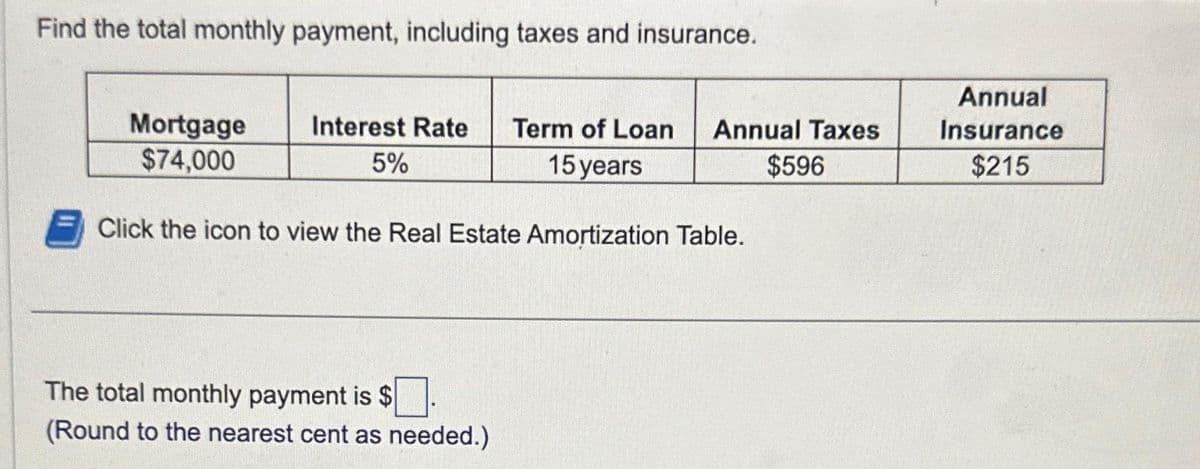 Find the total monthly payment, including taxes and insurance.
Mortgage
$74,000
Interest Rate Term of Loan Annual Taxes
5%
15 years
$596
Click the icon to view the Real Estate Amortization Table.
The total monthly payment is $
(Round to the nearest cent as needed.)
Annual
Insurance
$215