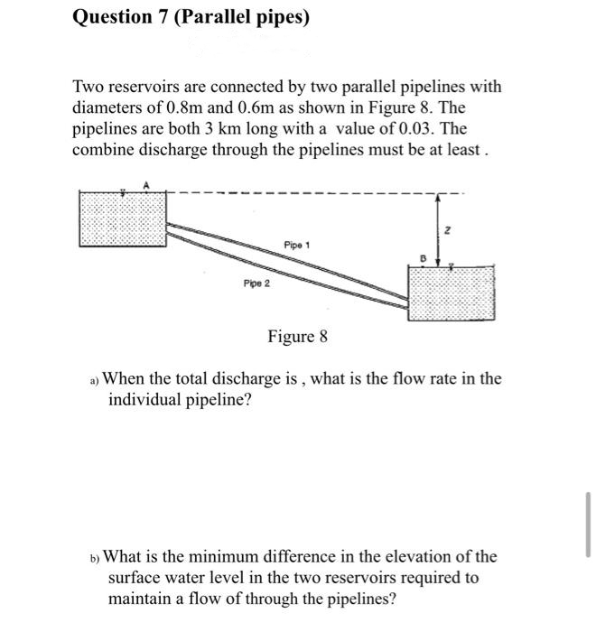 Question 7 (Parallel pipes)
Two reservoirs are connected by two parallel pipelines with
diameters of 0.8m and 0.6m as shown in Figure 8. The
pipelines are both 3 km long with a value of 0.03. The
combine discharge through the pipelines must be at least.
Pipe 2
Pipe 1
Figure 8
a) When the total discharge is, what is the flow rate in the
individual pipeline?
b) What is the minimum difference in the elevation of the
surface water level in the two reservoirs required to
maintain a flow of through the pipelines?