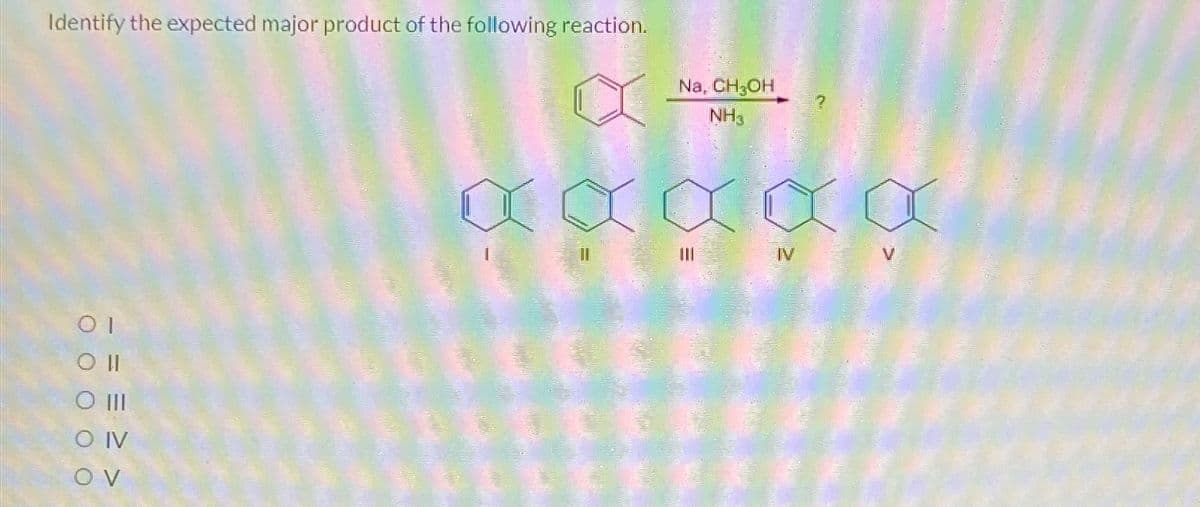 Identify the expected major product of the following reaction.
01
O II
O III
OIV
OV
Na, CH3OH
NH3
|||
IV