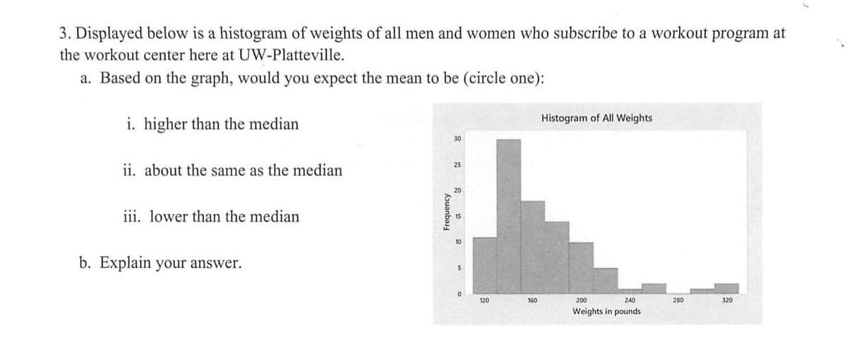 3. Displayed below is a histogram of weights of all men and women who subscribe to a workout program at
the workout center here at UW-Platteville.
a. Based on the graph, would you expect the mean to be (circle one):
i. higher than the median
ii. about the same as the median
iii. lower than the median
b. Explain your answer.
Frequency
30
25
20
10
0
120
160
Histogram of All Weights
240
200
Weights in pounds
280
320