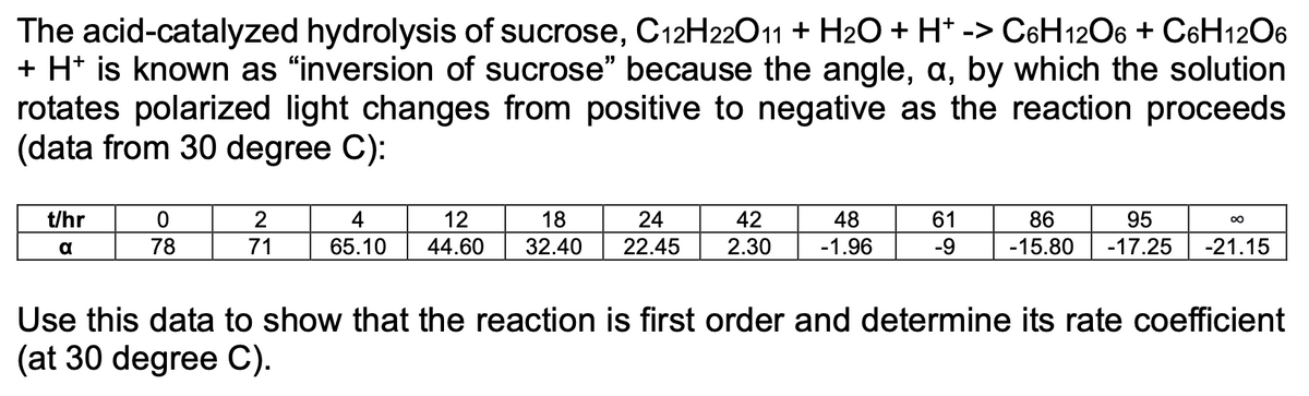 The acid-catalyzed hydrolysis of sucrose, C12H22O11 + H₂O + H+ -> C6H12O6 + C6H12O6
+ H+ is known as "inversion of sucrose" because the angle, a, by which the solution
rotates polarized light changes from positive to negative as the reaction proceeds
(data from 30 degree C):
t/hr
a
0
78
2
71
4
12
18
24
42
65.10 44.60 32.40 22.45 2.30
48
-1.96
61
-9
86
95
-15.80 -17.25 -21.15
∞
Use this data to show that the reaction is first order and determine its rate coefficient
(at 30 degree C).