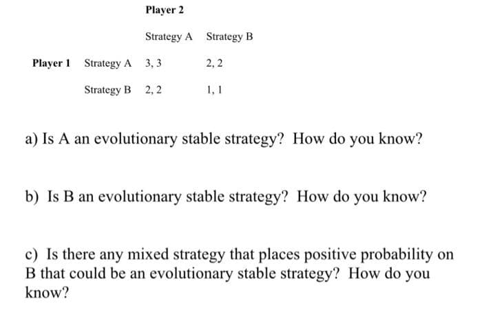 Player 2
Strategy A Strategy B
Player 1 Strategy A 3, 3
2, 2
Strategy B 2, 2
1, 1
a) Is A an evolutionary stable strategy? How do you know?
b) Is B an evolutionary stable strategy? How do you know?
c) Is there any mixed strategy that places positive probability on
B that could be an evolutionary stable strategy? How do you
know?
