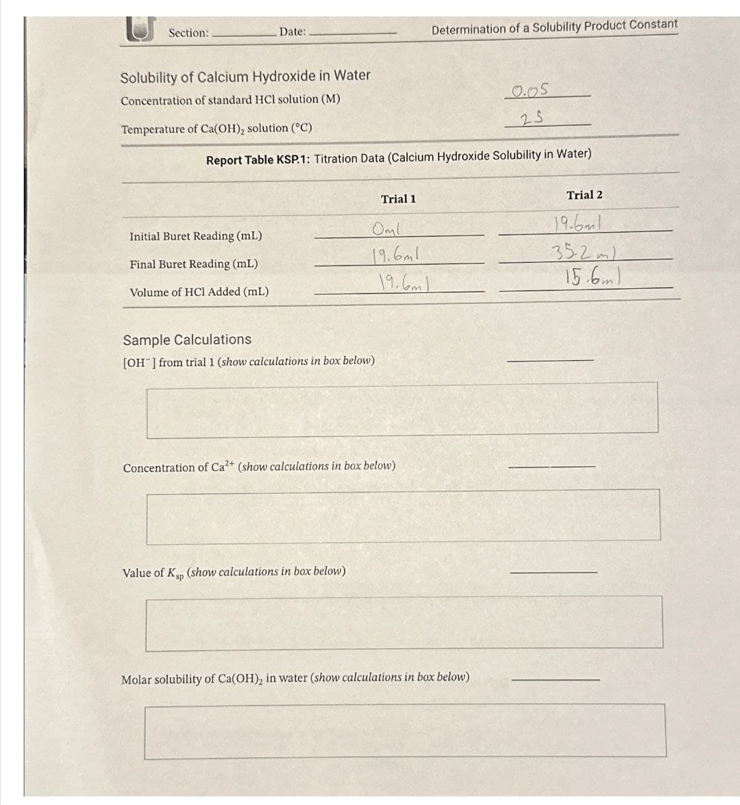 Section:
Date:
Solubility of Calcium Hydroxide in Water
Concentration of standard HCl solution (M)
Temperature of Ca(OH), solution (°C)
Determination of a Solubility Product Constant
0.05
25
Report Table KSP.1: Titration Data (Calcium Hydroxide Solubility in Water)
Trial 1
Oml
Initial Buret Reading (mL)
Final Buret Reading (mL)
Volume of HCI Added (mL)
19.6ml
19.6m
Sample Calculations
[OH] from trial 1 (show calculations in box below)
Concentration of Ca2+ (show calculations in box below)
Value of Ksp (show calculations in box below)
Molar solubility of Ca(OH)2 in water (show calculations in box below)
Trial 2
19.6ml
35.2m)
15.6m)