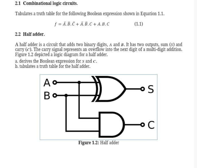 2.1 Combinational logic circuits.
Tabulates a truth table for the following Boolean expression shown in Equation 1.1.
f = A.B.C + A.B.C + A.B.C
(1.1)
2.2 Half adder.
A half adder is a circuit that adds two binary digits, A and B. It has two outputs, sum (S) and
carry (C). The carry signal represents an overflow into the next digit of a multi-digit addition.
Figure 1.2 depicted a logic diagram for a half adder.
a. derives the Boolean expression for s and c.
b. tabulates a truth table for the half adder.
Ao
Bo
Figure 1.2: Half adder
os
S
C