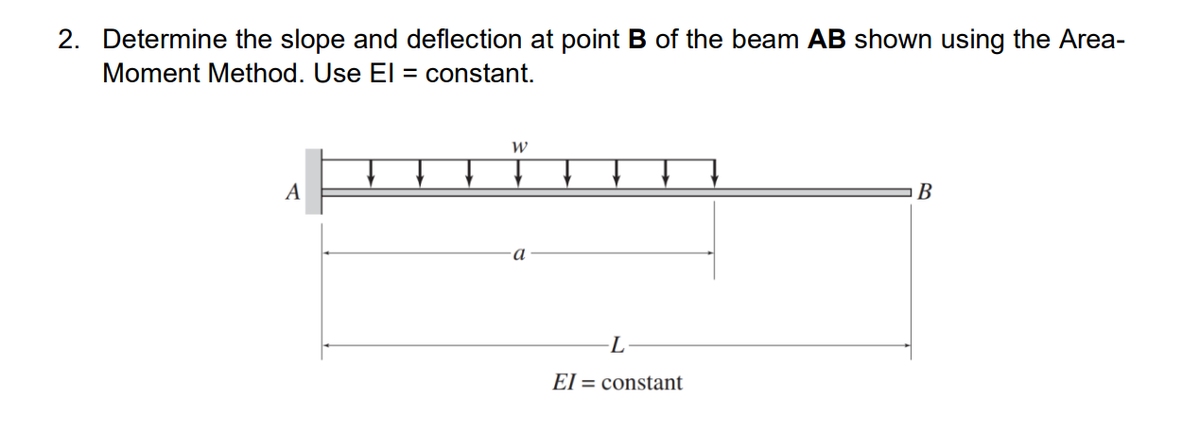 2. Determine the slope and deflection at point B of the beam AB shown using the Area-
Moment Method. Use El = constant.
W
A
B
a
-L
El constant