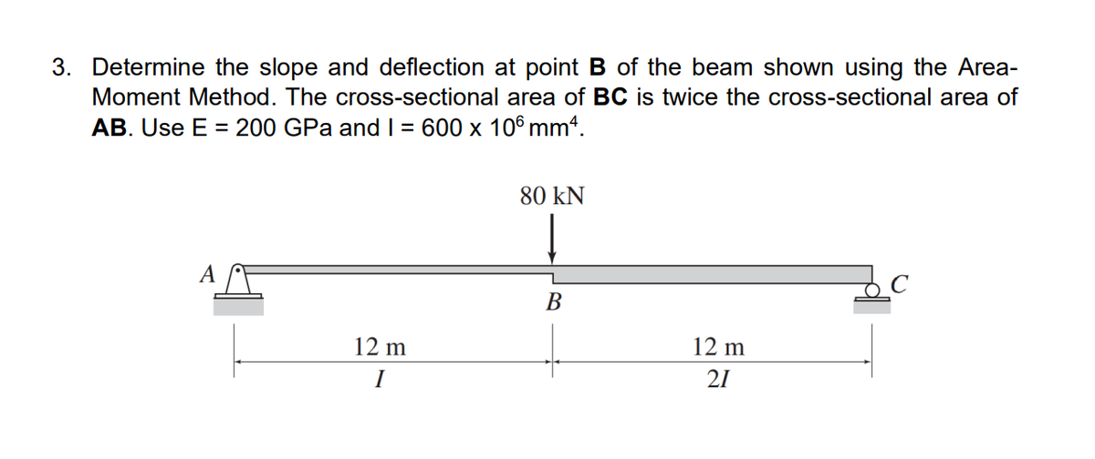 3. Determine the slope and deflection at point B of the beam shown using the Area-
Moment Method. The cross-sectional area of BC is twice the cross-sectional area of
AB. Use E = 200 GPa and 1 = 600 x 106 mm4.
80 KN
A
B
12 m
12 m
21
I