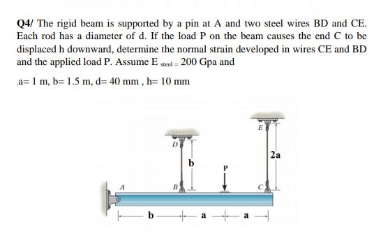 Q4/ The rigid beam is supported by a pin at A and two steel wires BD and CE.
Each rod has a diameter of d. If the load P on the beam causes the end C to be
displaced h downward, determine the normal strain developed in wires CE and BD
and the applied load P. Assume E teel = 200 Gpa and
a= 1 m, b= 1.5 m, d= 40 mm , h= 10 mm
2a
B
a

