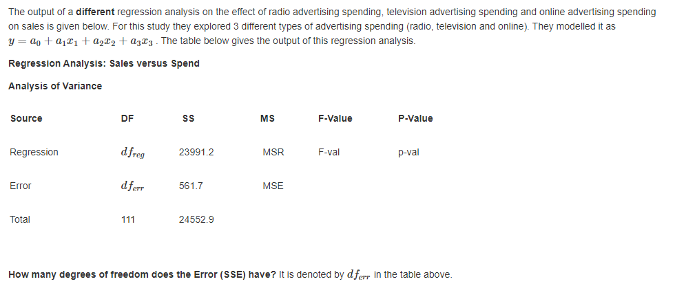 The output of a different regression analysis on the effect of radio advertising spending, television advertising spending and online advertising spending
on sales is given below. For this study they explored 3 different types of advertising spending (radio, television and online). They modelled it as
y = ao + a1¤1+a2x2 + a3X3 . The table below gives the output of this regression analysis.
Regression Analysis: Sales versus Spend
Analysis of Variance
Source
DF
MS
F-Value
P-Value
Regression
dfreg
23991.2
MSR
F-val
p-val
Error
dferr
561.7
MSE
Total
111
24552.9
How many degrees of freedom does the Error (SSE) have? It is denoted by dferr in the table above.
