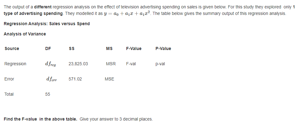 The output of a different regression analysis on the effect of television advertising spending on sales is given below. For this study they explored only 1
type of advertising spending. They modelled it as y = ao + a1 + a1x?. The table below gives the summary output of this regression analysis.
Regression Analysis: Sales versus Spend
Analysis of Variance
Source
DF
MS
F-Value
P-Value
Regression
d freg
23,825.03
MSR
F-val
p-val
Error
dferr
571.02
MSE
Total
55
Find the F-value in the above table. Give your answer to 3 decimal places.
