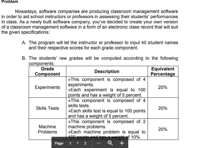 Problem
Nowadays, software companies are producing classroom management software
in order to aid school instructors or professors in assessing their students' performances
in class. As a newly built software company, you've decided to create your own version
of a classroom management software in a form of an electronic class record that will suit
the given specifications:
A. The program will let the instructor or professor to input 40 student names
and their respective scores for each grade component.
B. The students' raw grades will be computed according to the following
components:
Grade
Equivalent
Percentage
Description
Component
»This component is composed of 4
experiments.
»Each experiment is equal to 100
points and has a weight of 5 percent.
»This component is composed of 4
skills tests.
»Each skills test is equal to 100 points
and has a weight of 5 percent.
»This component is composed of 2
machine problems.
»Each machine problem is equal to
100 points end has a weight of 10%.
Page 1 / 2
Experiments
20%
Skills Tests
20%
Machine
20%
Problems
+
