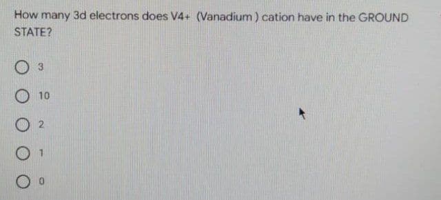 How many 3d electrons does V4+ (Vanadium ) cation have in the GROUND
STATE?
10
