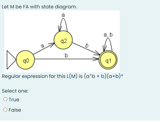 Let M be FA with state diagram.
a
q2
b
b
q0
91
Regular expression for this L(M) is (a+b + b)(a+b)*
Select one:
O True
O False
a, b