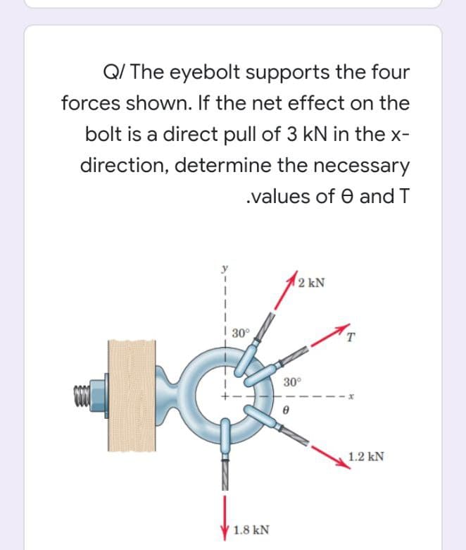 QI The eyebolt supports the four
forces shown. If the net effect on the
bolt is a direct pull of 3 kN in the x-
direction, determine the necessary
.values of e and T
2 kN
I 30°
T.
30°
1.2 kN
1.8 kN
