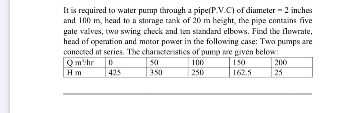It is required to water pump through a pipe(P.V.C) of diameter = 2 inches
and 100 m, head to a storage tank of 20 m height, the pipe contains five
gate valves, two swing check and ten standard elbows. Find the flowrate,
head of operation and motor power in the following case: Two pumps are
conected at series. The characteristics of pump are given below:
Q m³/hr
50
100
150
200
H m
425
350
250
162.5
25
