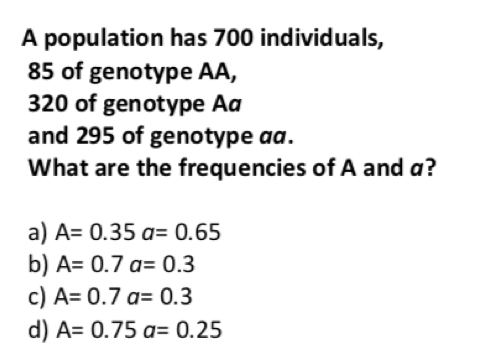 A population has 700 individuals,
85 of genotype AA,
320 of genotype Aa
and 295 of genotype aa.
What are the frequencies of A and a?
a) A= 0.35 a= 0.65
b) A= 0.7 a= 0.3
c) A= 0.7 a= 0.3
d) A= 0.75 a= 0.25
