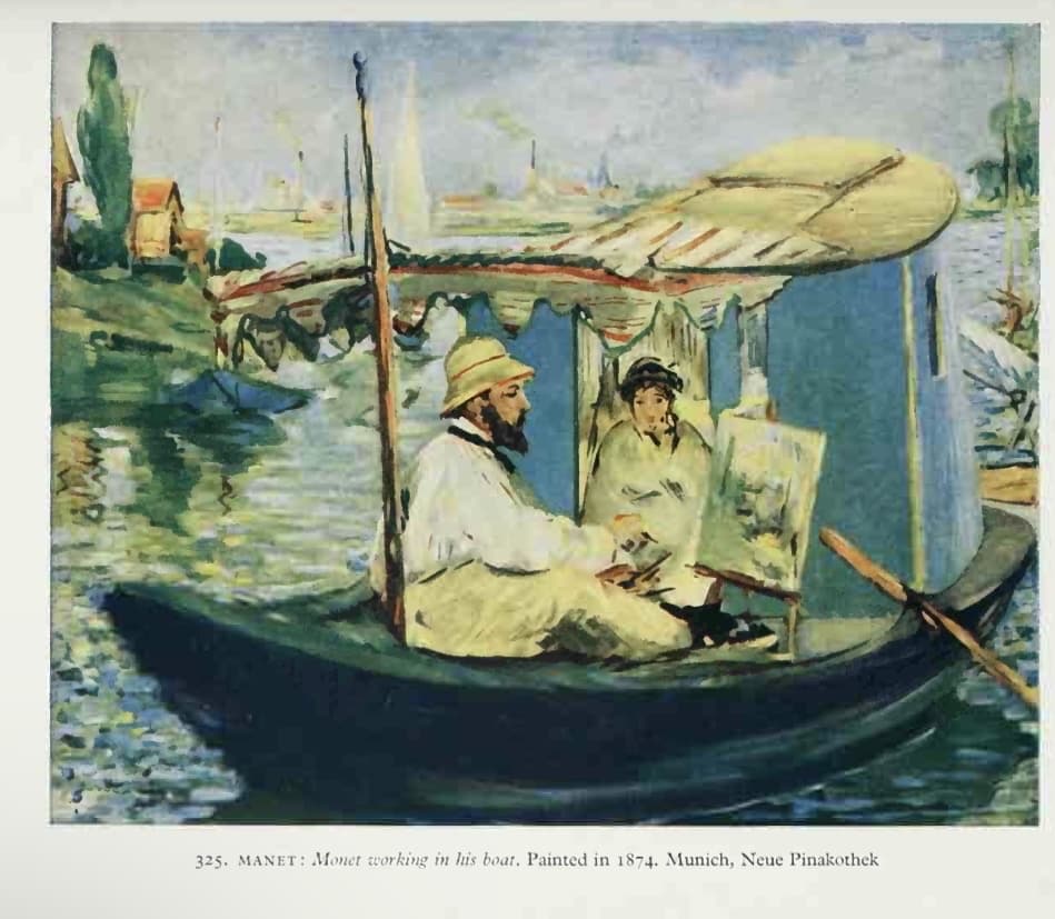 325. MANET: Monet working in his boat. Painted in 1874. Munich, Neue Pinakothek