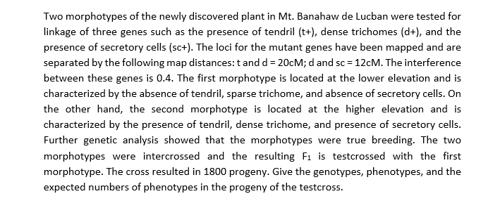 Two morphotypes of the newly discovered plant in Mt. Banahaw de Lucban were tested for
linkage of three genes such as the presence of tendril (t+), dense trichomes (d+), and the
presence of secretory cells (sc+). The loci for the mutant genes have been mapped and are
separated by the following map distances: t and d = 20CM; d and sc = 12CM. The interference
between these genes is 0.4. The first morphotype is located at the lower elevation and is
characterized by the absence of tendril, sparse trichome, and absence of secretory cells. On
the other hand, the second morphotype is located at the higher elevation and is
characterized by the presence of tendril, dense trichome, and presence of secretory cells.
Further genetic analysis showed that the morphotypes were true breeding. The two
morphotypes were intercrossed and the resulting F1 is testcrossed with the first
morphotype. The cross resulted in 1800 progeny. Give the genotypes, phenotypes, and the
expected numbers of phenotypes in the progeny of the testcross.
