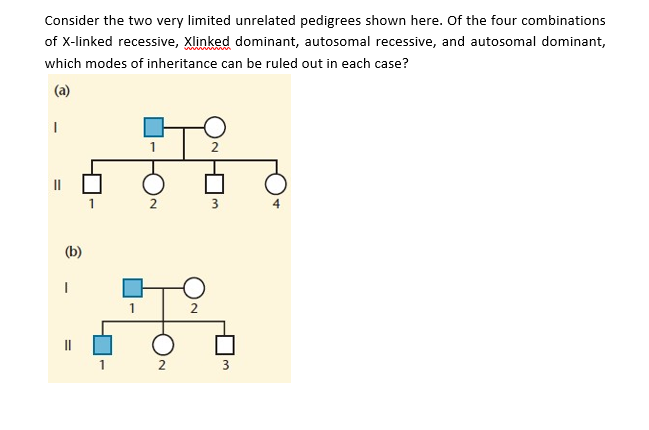 Consider the two very limited unrelated pedigrees shown here. Of the four combinations
of X-linked recessive, Xlinked dominant, autosomal recessive, and autosomal dominant,
which modes of inheritance can be ruled out in each case?
(a)
(b)
II
1
