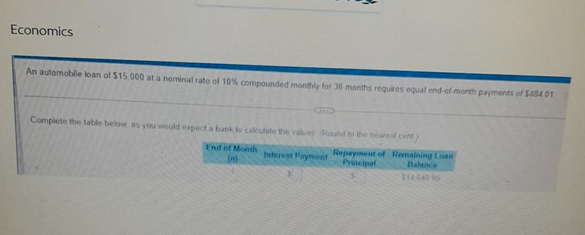 Economics
An automobile loan of $15,000 at a nominal rate of 10% compounded monthly for 36 months requires equal end-of-month payments of $484 01
Complete the table below, as you would expect a bank to calculate the valuas (Hound to the nearest cent)
End of Month
Interest Payment
Repayment of Remaining Loan
Principal
Balance