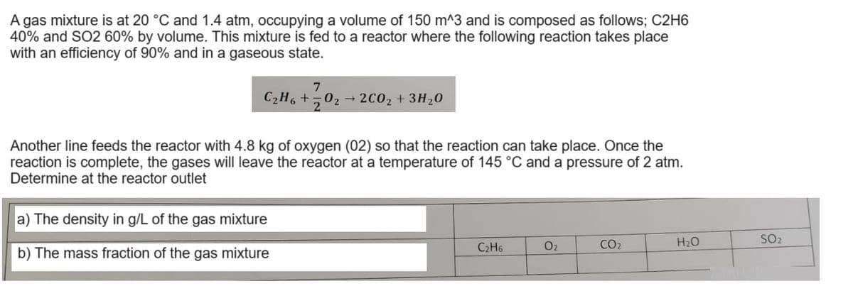 A gas mixture is at 20 °C and 1.4 atm, occupying a volume of 150 m^3 and is composed as follows; C2H6
40% and SO2 60% by volume. This mixture is fed to a reactor where the following reaction takes place
with an efficiency of 90% and in a gaseous state.
7
C₂H6+02 → 2C0₂ + 3H₂0
2
Another line feeds the reactor with 4.8 kg of oxygen (02) so that the reaction can take place. Once the
reaction is complete, the gases will leave the reactor at a temperature of 145 °C and a pressure of 2 atm.
Determine at the reactor outlet
a) The density in g/L of the gas mixture
b) The mass fraction of the gas mixture
C₂H6
0₂
CO₂
H₂O
SO₂