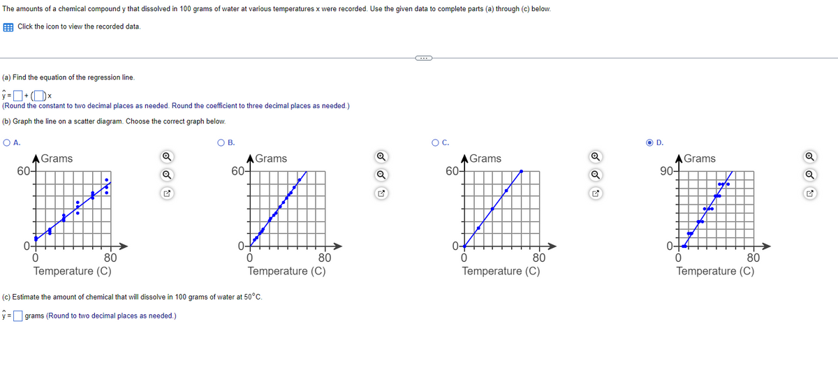 The amounts of a chemical compound y that dissolved in 100 grams of water at various temperatures x were recorded. Use the given data to complete parts (a) through (c) below.
Click the icon to view the recorded data.
(a) Find the equation of the regression line.
(Round the constant to two decimal places as needed. Round the coefficient to three decimal places as needed.)
(b) Graph the line on a scatter diagram. Choose the correct graph below.
○ A.
A Grams
60-
0
80
Q
Q
О в.
О с.
D.
A Grams
60-
Q
Q
A Grams
Q
A Grams
Q
60-
90-
Q
Q
0
80
02
0
Temperature (C)
Temperature (C)
(c) Estimate the amount of chemical that will dissolve in 100 grams of water at 50°C.
☐ grams (Round to two decimal places as needed.)
80
0+
0
Temperature (C)
80
Temperature (C)
✓