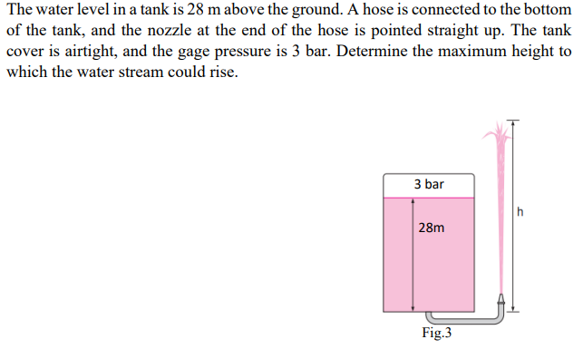 The water level in a tank is 28 m above the ground. A hose is connected to the bottom
of the tank, and the nozzle at the end of the hose is pointed straight up. The tank
cover is airtight, and the gage pressure is 3 bar. Determine the maximum height to
which the water stream could rise.
3 bar
h
28m
Fig.3

