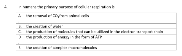 4.
In humans the primary purpose of cellular respiration is
A
the removal of CO₂ from animal cells
B. the creation of water
C. the production of molecules that can be utilized in the electron transport chain
D the production of energy in the form of ATP
E.
the creation of complex macromolecules