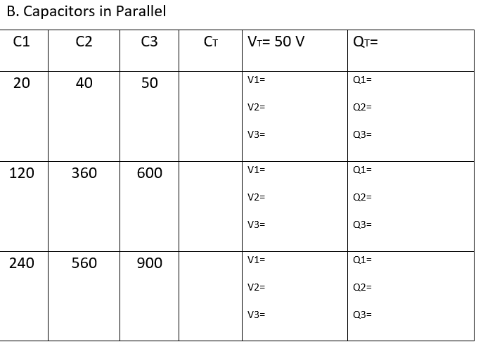 B. Capacitors in Parallel
C1
C2
C3
Ст
VT= 50 V
QT=
20
40
50
V1=
Q1=
V2=
Q2=
V3=
Q3=
120
360
600
V1=
Q1=
V2=
Q2=
V3=
Q3=
240
560
900
V1=
Q1=
V2=
Q2=
V3=
Q3=
