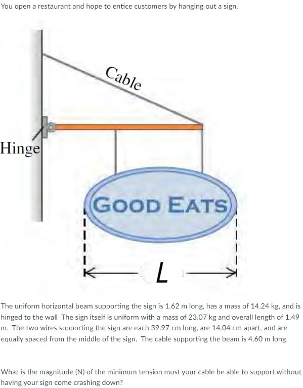 You open a restaurant and hope to entice customers by hanging out a sign.
Cable
Hinge
GOOD EATS
I
L
The uniform horizontal beam supporting the sign is 1.62 m long, has a mass of 14.24 kg, and is
hinged to the wall The sign itself is uniform with a mass of 23.07 kg and overall length of 1.49
m. The two wires supporting the sign are each 39.97 cm long, are 14.04 cm apart, and are
equally spaced from the middle of the sign. The cable supporting the beam is 4.60 m long.
What is the magnitude (N) of the minimum tension must your cable be able to support without
having your sign come crashing down?