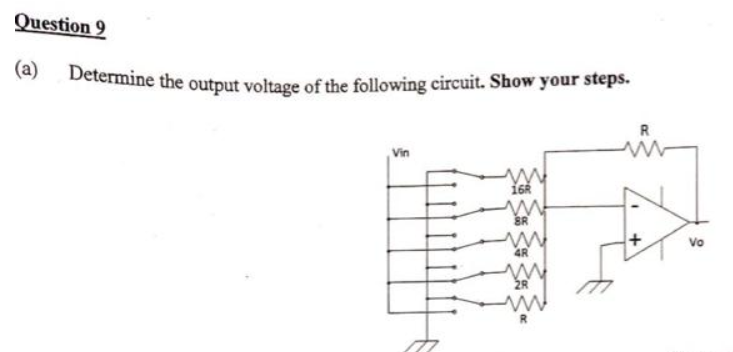 Question 9
(a) Determine the output voltage of the following circuit. Show your steps.
Vin
w
168
m
8R
m
4R
ww
2R
www
R
+
Vo