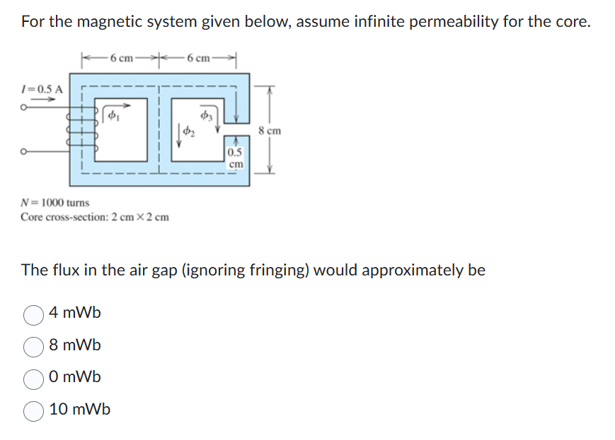 For the magnetic system given below, assume infinite permeability for the core.
1=0.5 A
6 cm-
N = 1000 turns
Core cross-section: 2 cm x 2 cm
-6 cm
4 mWb
8 mWb
0 mWb
10 mWb
$₂
0.5
cm
8 cm
The flux in the air gap (ignoring fringing) would approximately be